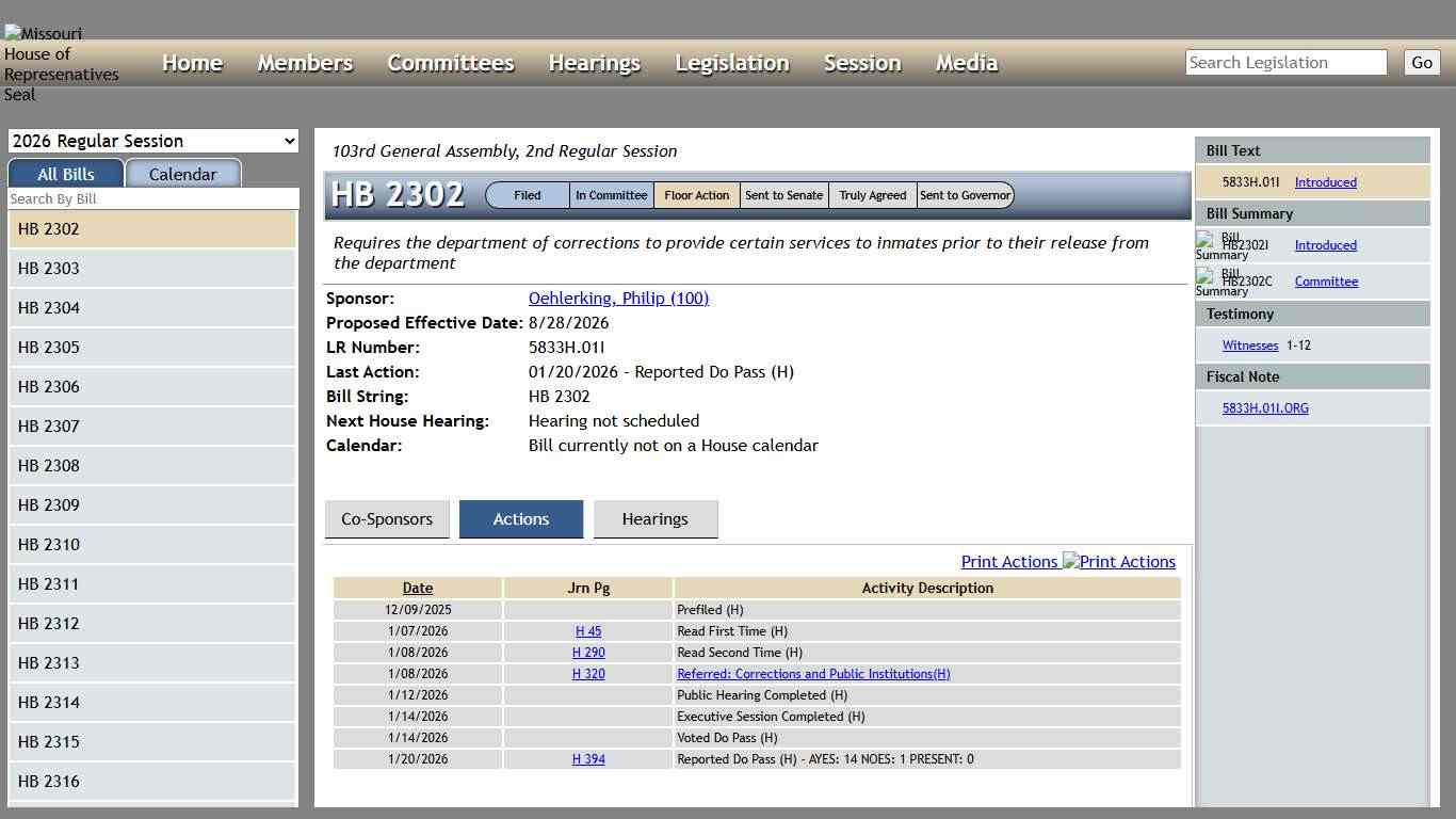 Missouri House of Representatives - Bill Information for HB2302
